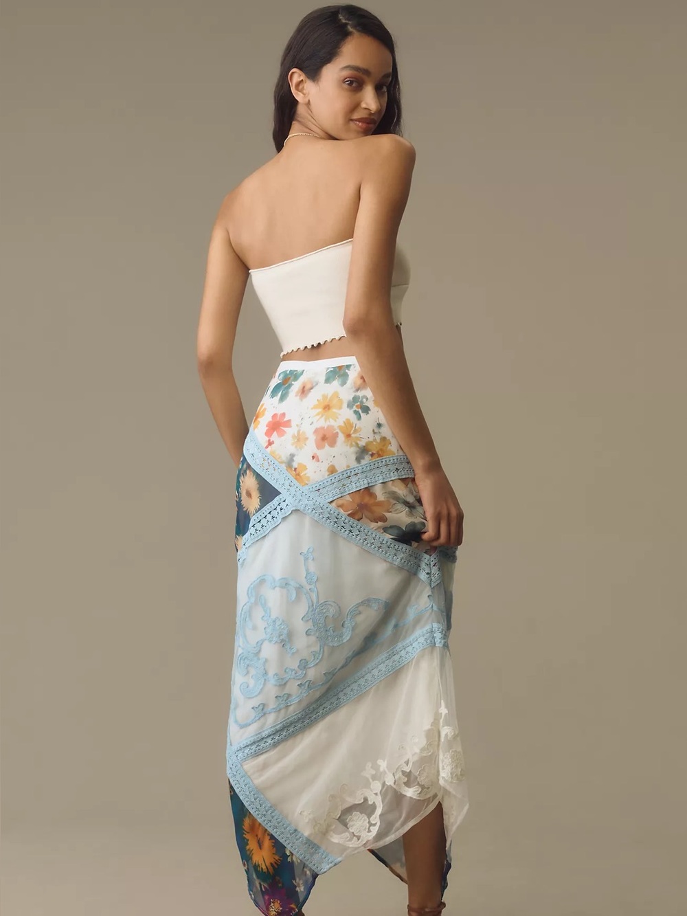 ANTHROPOLOGIE Italian Summer Patchwork Scarf Floral Lace High Waisted Midi Skirt - Picture 5 of 10